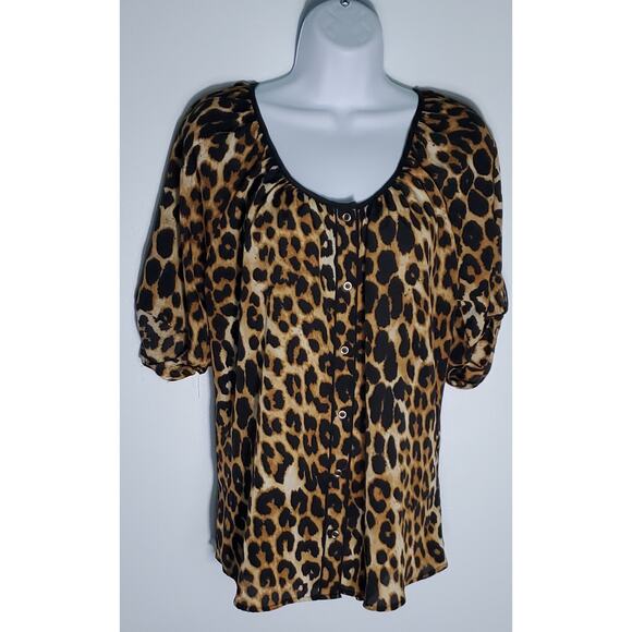 Express Womens Leopard Print Blouse Short Sleeve Size Large Animal Print Glam - Picture 1 of 6